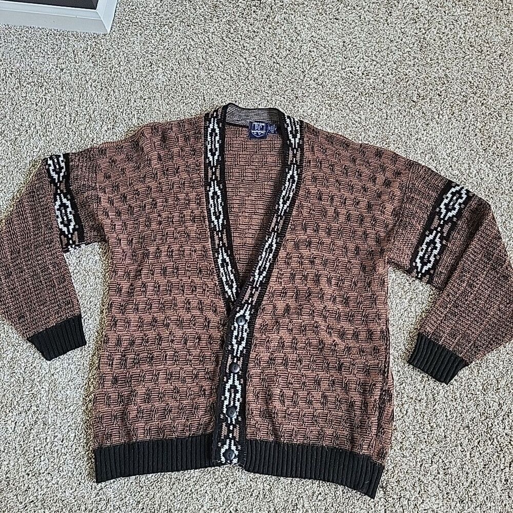 VINTAGE 90s Polo Club Coogi Geometric Knit Grandpa Cardigan Sweater USA Made